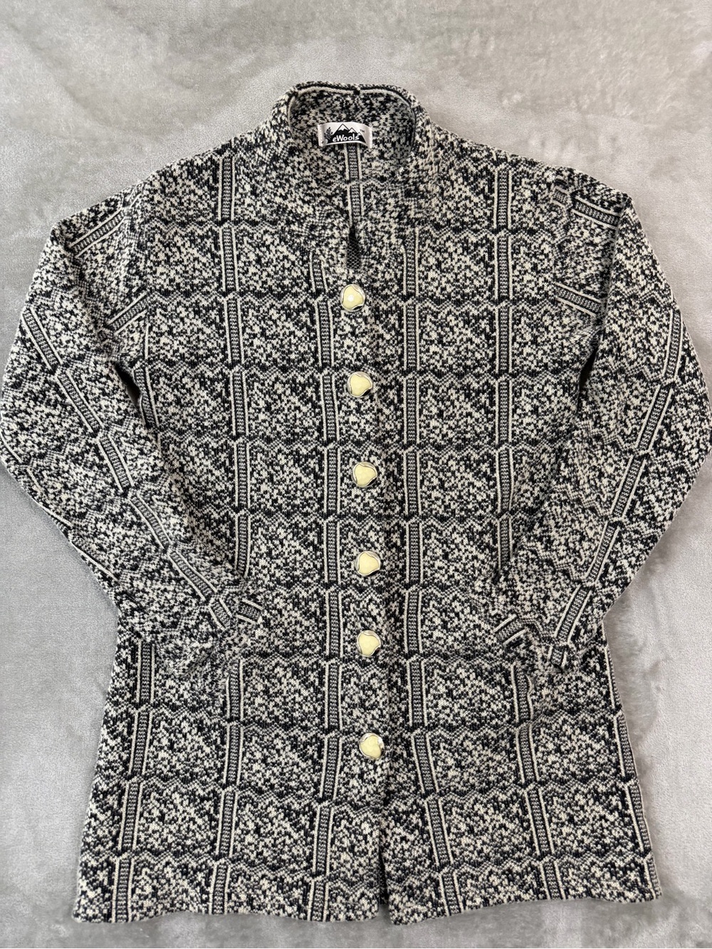 eWools Black & White Tweed Knit Long Coat Sweater Jacket Size Vintage 7